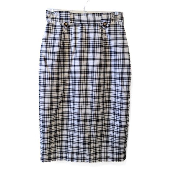 Vintage 90s Plaid Midi Skirt Black White Button Preppy Retro Secretary Size S - Picture 2 of 10